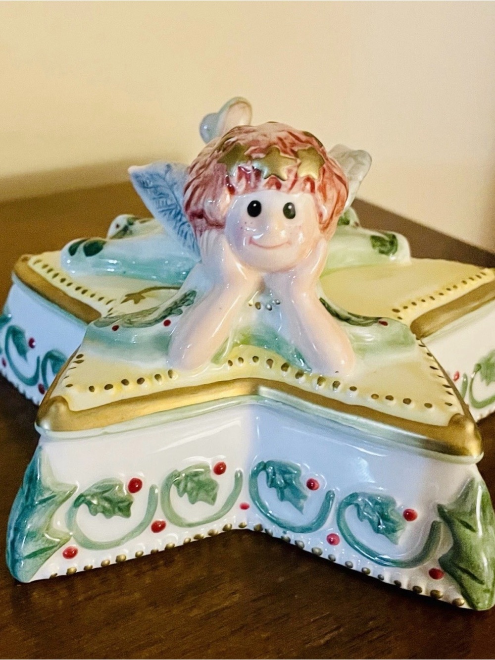 Star-Shaped Ceramic Trinket Box with Fairy White, Gold, Green